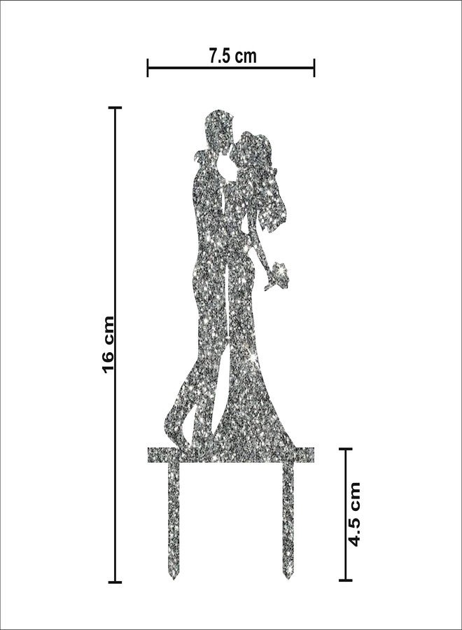 Party Baazaar Acyrlic Silver Glitter Finish Couple Cake Topper for Decoration (Silver, 6X3 Inches) - Image 3